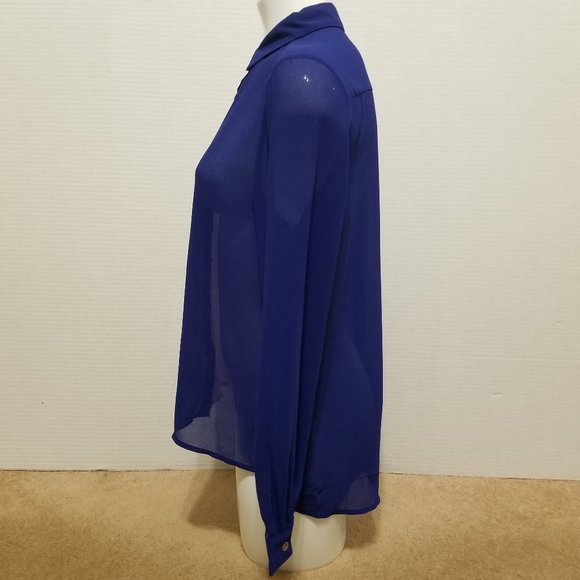 Honey Punch top Medium colorblock button up down sheer side split HT2592 - Picture 2 of 12